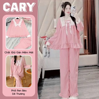  Bộ đồ ngủ dài tay mùa thu đông chất vải đũi gân cổ vuông đồ ngủ nữ pijama dễ thương đồ mặc nhà nữ CARY 