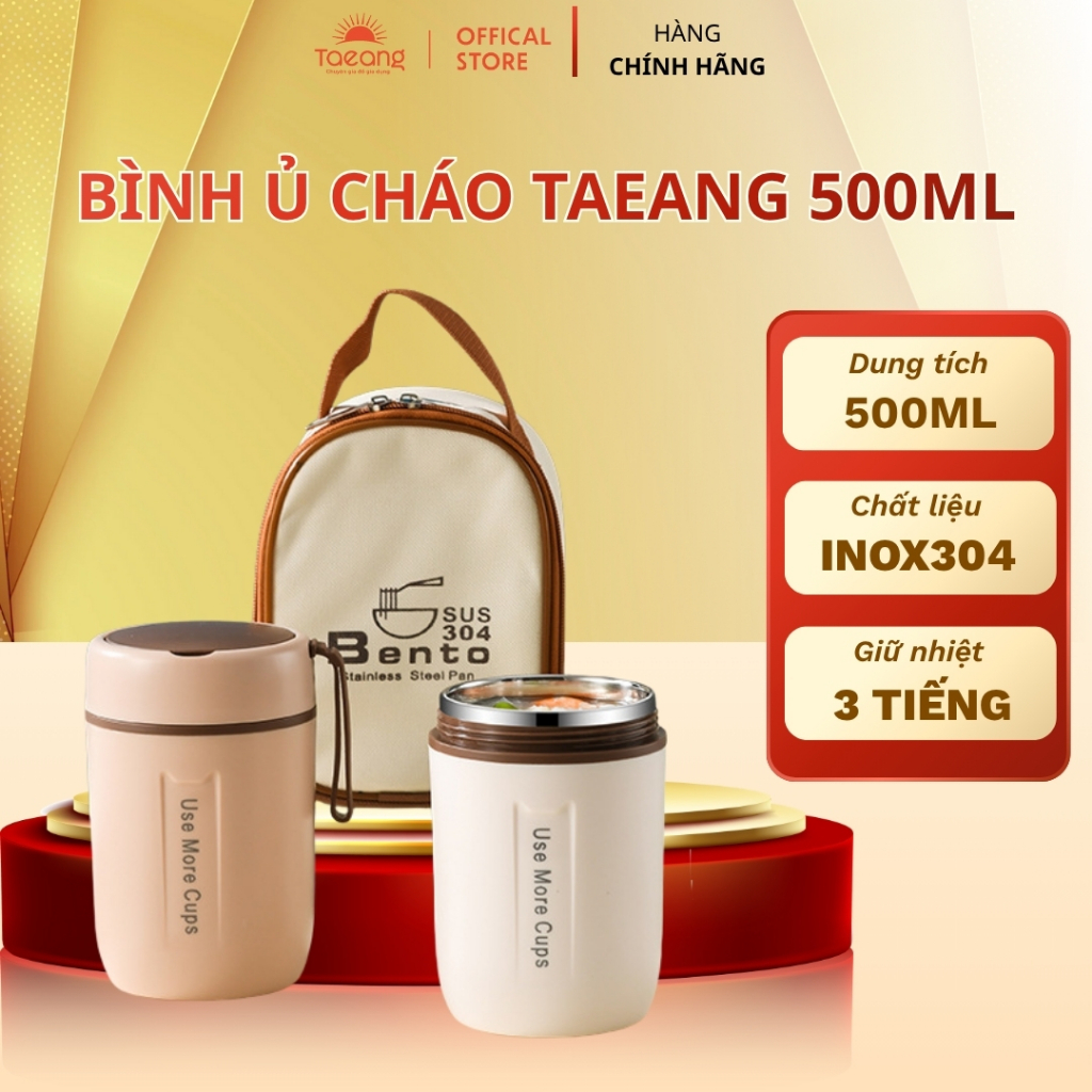Bình Đựng Cháo Giữ Nhiệt Inox 304 TAEANG, Hộp Đựng Cháo Inox 500ML Kèm Muỗng