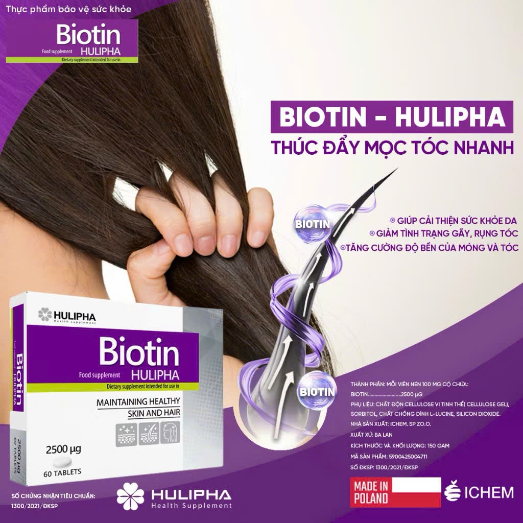 BIOTIN HULIPHA VIÊN UỐNG NGĂN NGỪA RỤNG TÓC VÀ GIÚP TÓC MỌC NHANH HỘP 60 VIÊN NHẬP KHẨU BALAN