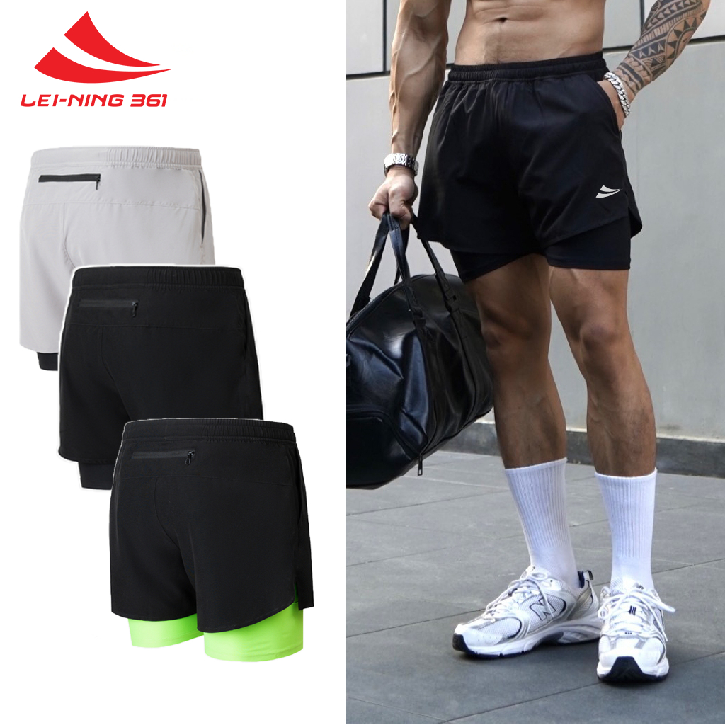 Quần Đùi Short Thể Thao Lei-Ning 361 Ngắn 2 Lớp Tập Gym Nam Xẻ V, Túi Zip Phù Hợp Chạy Bộ, Bơi - QUA