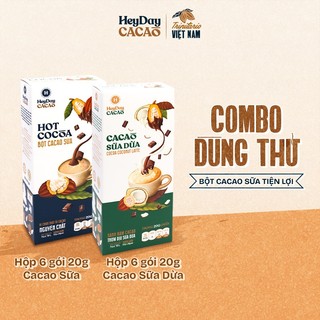  Combo 2 Bột Cacao Sữa và Bột Cacao Sữa Dừa Heyday - Hộp 6 Gói tiện lợi 20g - Đậm vị chân thật từ cacao nguyên chất 