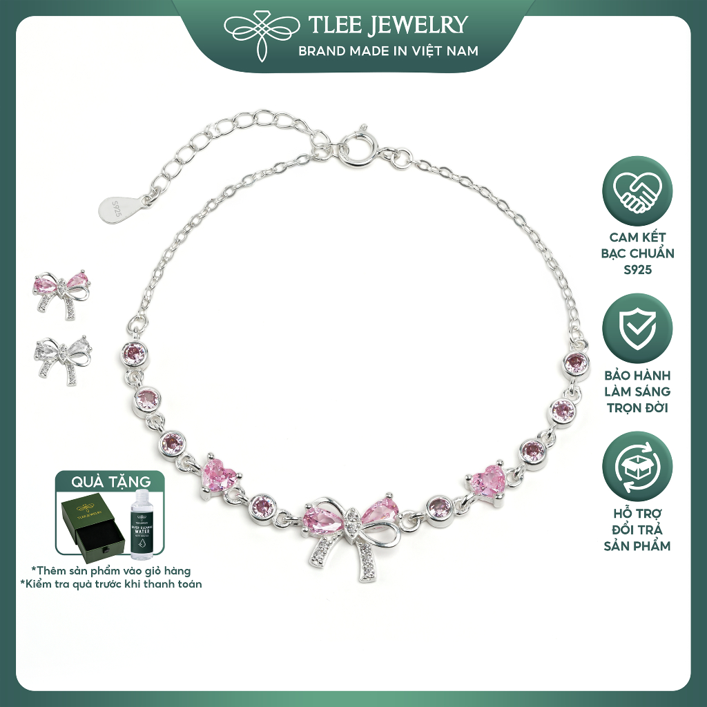 Lắc tay bạc nữ TLEE nơ kép đính đá mix nụ đá trái tim dịu dàng, nữ tính TLEE JEWELRY LT0488