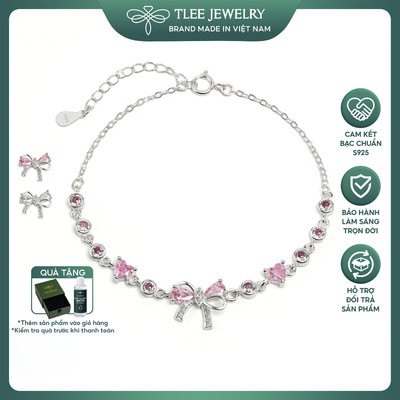 Lắc tay bạc nữ TLEE nơ kép đính đá mix nụ đá trái tim dịu dàng, nữ tính TLEE JEWELRY LT0488