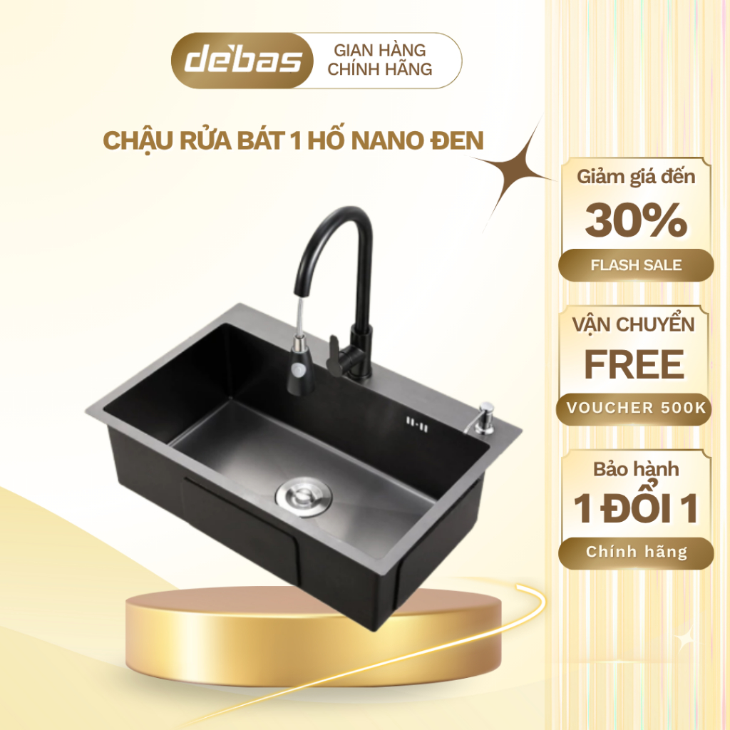 Chậu rửa bát đúc 1 hố to inox mạ nano đen kèm vòi dây rút bồn rửa chén 1 hộc korea Debas 6045