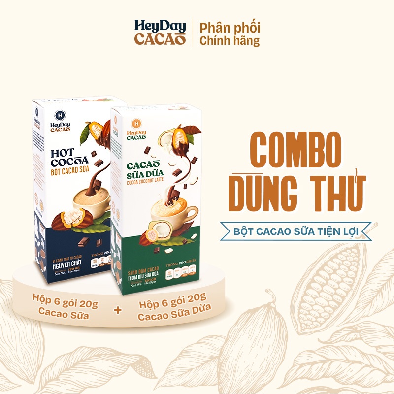 Combo 2 - Hộp Bột Cacao Sữa và Hộp Cacao Sữa Dừa Heyday - Hộp 6 Gói tiện lợi 20g - Đậm vị chân thật 