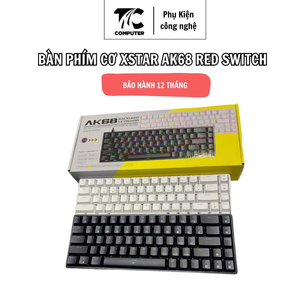 Bàn phím Cơ Xstar AK68 Red Switch Gõ Cực Êm Kết nối Type C hai màu Trắng – Đen - Bảo Hành 12 Tháng.