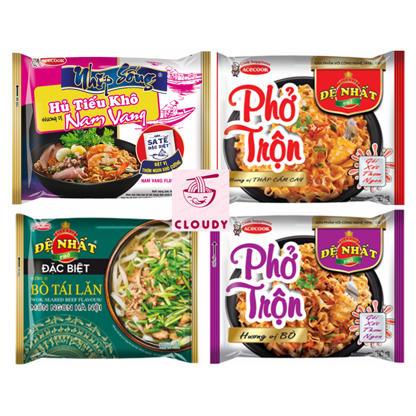 Combo 5 gói Phở trộn Bò, Thập cẩm cay, Phở bò tái lăn, Hủ tiếu khô nam vang Acecook