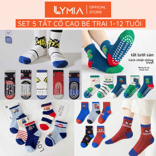  Set 5 Đôi Tất Vớ Cổ Cao Trẻ Em LYMIA Hoạ Tiết Siêu Nhân Khủng Long Ô Tô Bé Trai TE10 