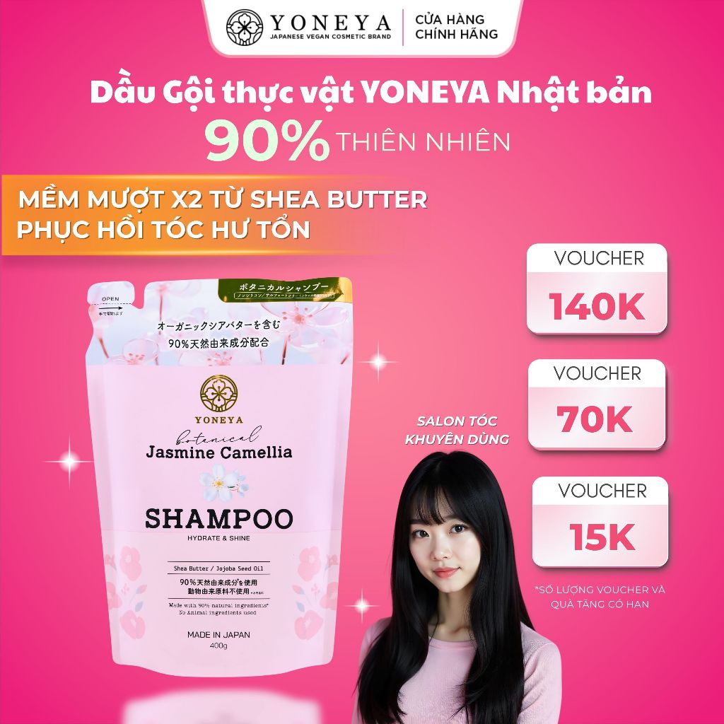 Dầu gội Yoneya Botanical Jasmine Camellia Hydrate & Shine Hữu Cơ Thuần Chay Phục Hồi Hư Tổn 400g