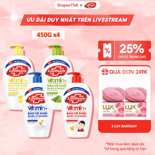   HANNAH LIVESTREAM  Combo 4 chai Nước rửa tay Lifebuoy bảo vệ khỏi 99,9% vi khuẩn 450g chai 