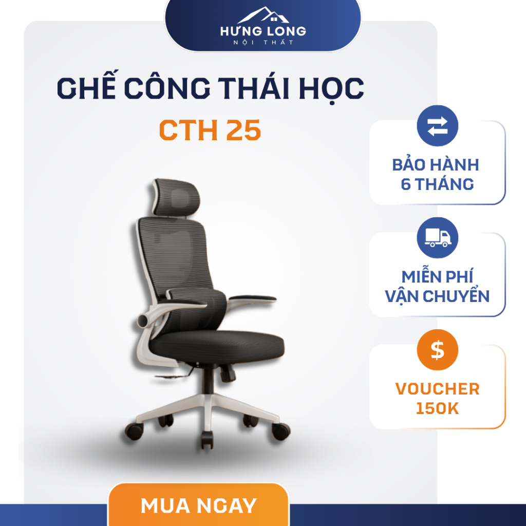 Ghế Xoay Văn Phòng, Ghế Công Thái Học CTH 25 Gật Gù Có Tựa Đầu Thiết Kế Hiện Đại Trẻ Trung