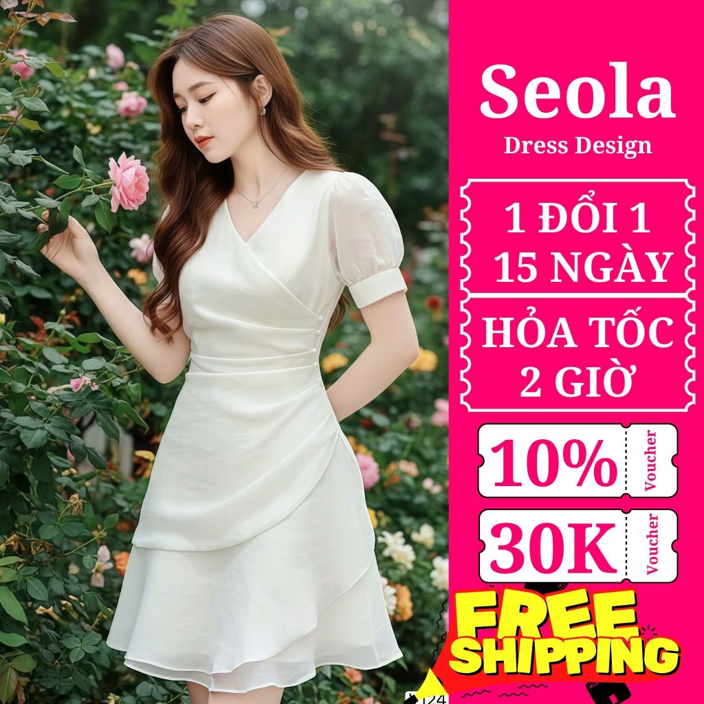 (Váy/Đầm Chính Hãng RENCY) RC124 Váy tơ trắng dáng xòe tiểu thư