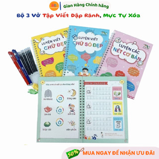 Sách - Bộ 3 Quyển Vở Luyện Viết Tự Xoá Tập Tô Chữ Số Cho Bé 3 4 5 Tuổi Mẫu Giáo Tặng 8 ruột+2 vỏ bút + 2 định vị cầ