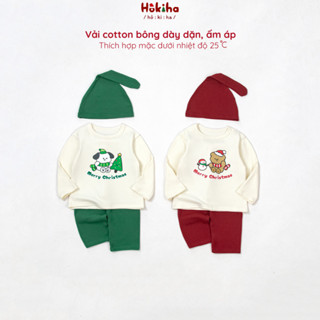  Bộ quần áo dài tay Noel tặng kèm mũ cho bé trai bé gái Hokiha vải cotton bông mềm mịn co giãn size từ 8-17kg B290 