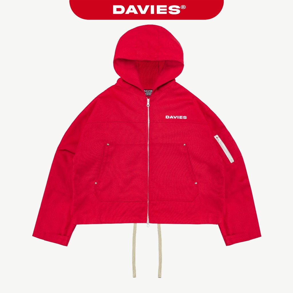 Áo khoác đỏ có nón 4 nút kim loại DAVIES in chữ thân sau túi hộp kèm lót dù Original Hooded Canvas J