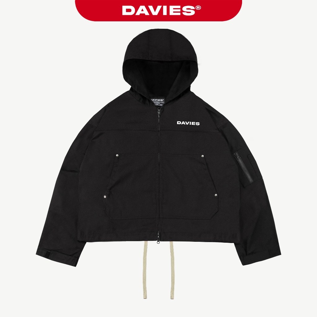 Áo khoác hoodie zip 4 nút kim loại DAVIES in chữ thân sau màu đen túi hộp Original Hooded Canvas Jac