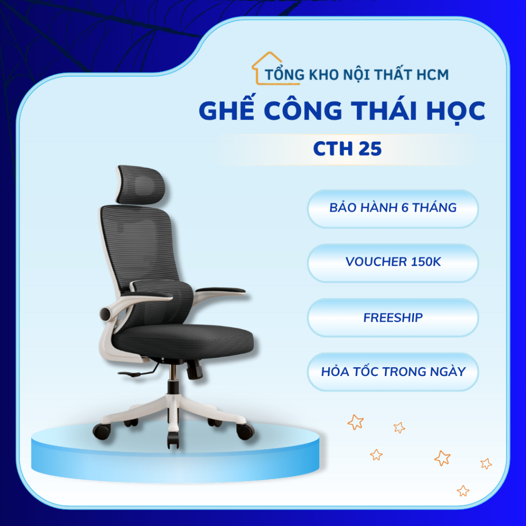 Ghế Xoay Công Thái Học Ergonomic CTH25 Cho Văn Phòng Có Tựa Lưng Kê Tay, Lưng Kép, Có Gật Gù