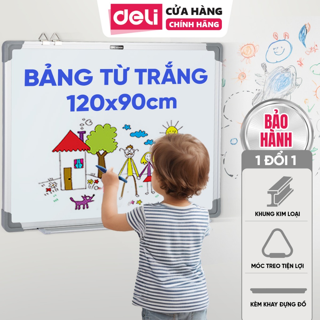 [VOUCHER 30%] Bảng Từ Trắng DELI Kích Thước 120x90cm, Bảng Viết Bút Lông, Bảng Trắng Dạy Học Kèm Móc Treo Tiện Lợi