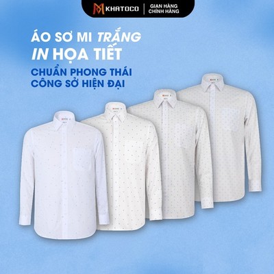 Áo sơ mi nam KHATOCO form Tailor Fit trắng in hoạ tiết xanh mới lạ  mã 18502