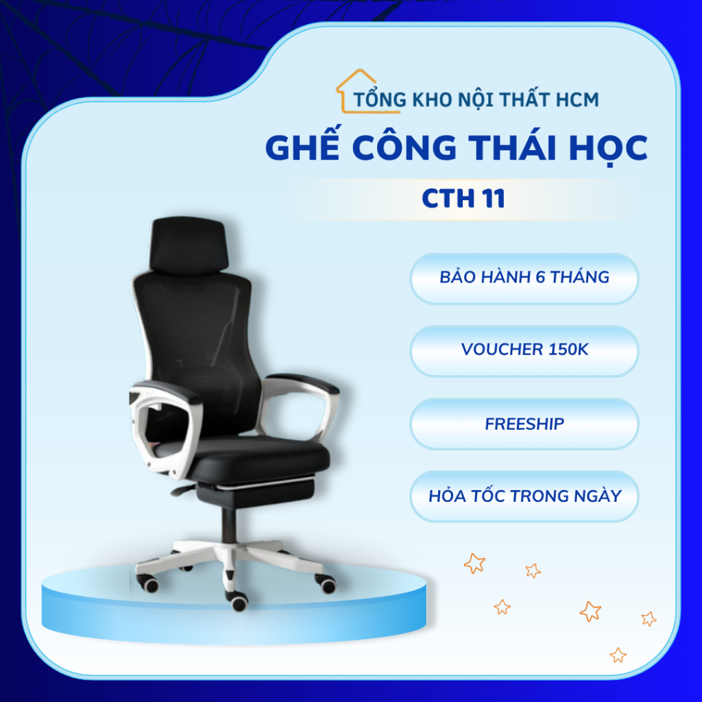 Ghế Công Thái Học CTH11 ,Hỗ Trợ Cột Sống Nâng Hạ ,Tiện ích Ngả Lưng Lên Đến 125 Độ Gác Chân Tiện Lợi