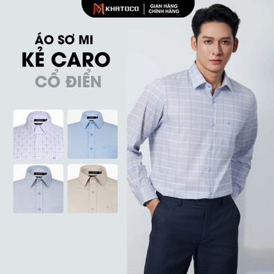 Áo sơ mi nam KHATOCO form Tailor Fit kẻ caro cổ điển mỏng nhẹ không nhăn mã 18506