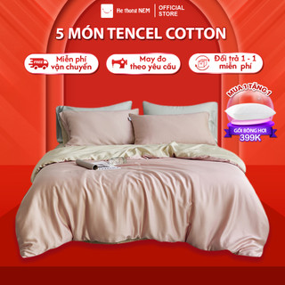  Bộ Ga Giường HỆ THỐNG Set Chăn Ga Gối 5 Món Vải Lụa Tencel Cotton Trải Giường Nệm Cưới Cao Cấp Sang Trọng 