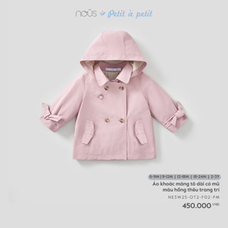  Nous Baby Áo khoác măng tô dài có mũ màu hồng thêu trang trí cho bé gái từ 7.5-15kg BST T11 