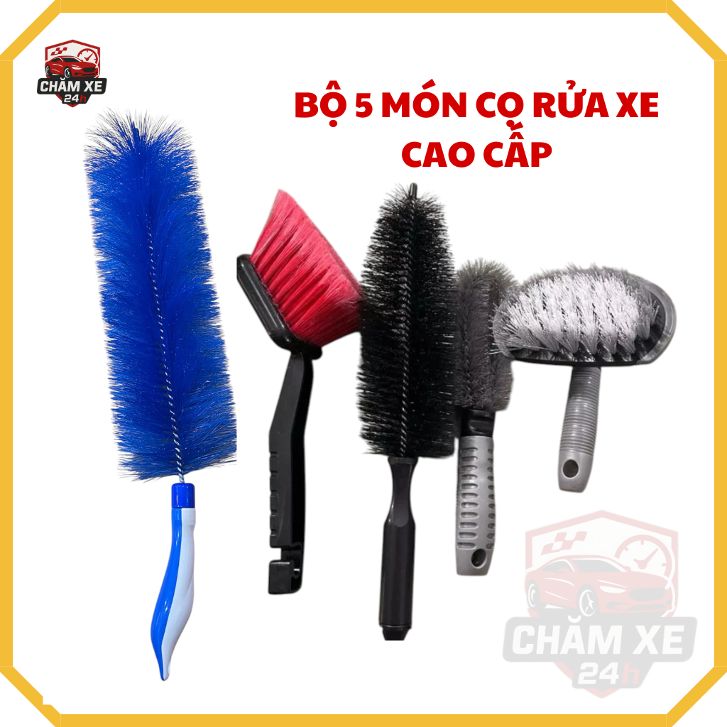 Bộ Cọ Rửa Xe Cao Cấp 5 Món – Cọ Chồn Xanh, Bộ 3 Cọ Lốp Mâm Lazang, Cọ Lốp Đỏ Đa Năng, Vệ sinh chi tiết xe