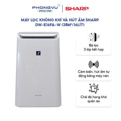 Máy lọc không khí và hút ẩm Sharp DW-E16FA-W - Lọc/Hút Ẩm/Sấy Quần Áo/Khử Mùi,  16 L/Ngày, ≤ 38 m² - Bảo hành 12 tháng