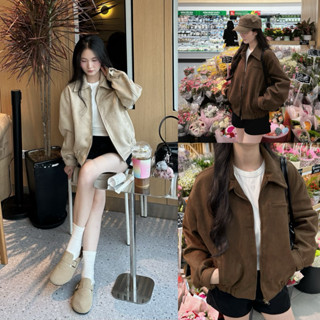   Steezy  Áo khoác bomber da lộn trơn 2 lớp túi ngực giả form rộng áo khoác bomber da lộn thu đông cho nữ - KD8120 