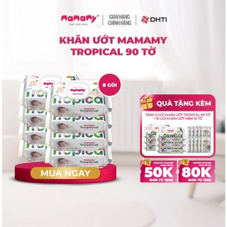   Live -Khăn giấy ướt Mamamy Tropical 100% sợi tự nhiên và rayon cho mẹ và bé 8 gói 90 tờ tặng 6 gói 60 tờ + 10 gói 10 tờ 