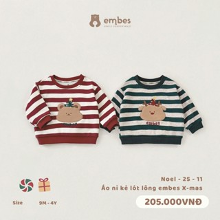   Embes-Santa's Present  Áo Nỉ Bông Kẻ Ngang Thêu Hoạ Tiết Lễ Giáng Sinh Cho Bé Trai Bé Gái Từ 8-18Kg 