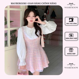  Đầm váy nữ dạ tweet dài tay phối vải trắng sơ mi. Đầm dự tiệc dáng xoè MAYBEROOM® Rosalia dress 