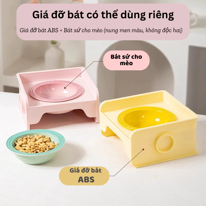Khay đựng thức ăn chống gù cho thú cưng bát đựng thức ăn bằng sứ kèm khay chống tràn thức ăn cho chó