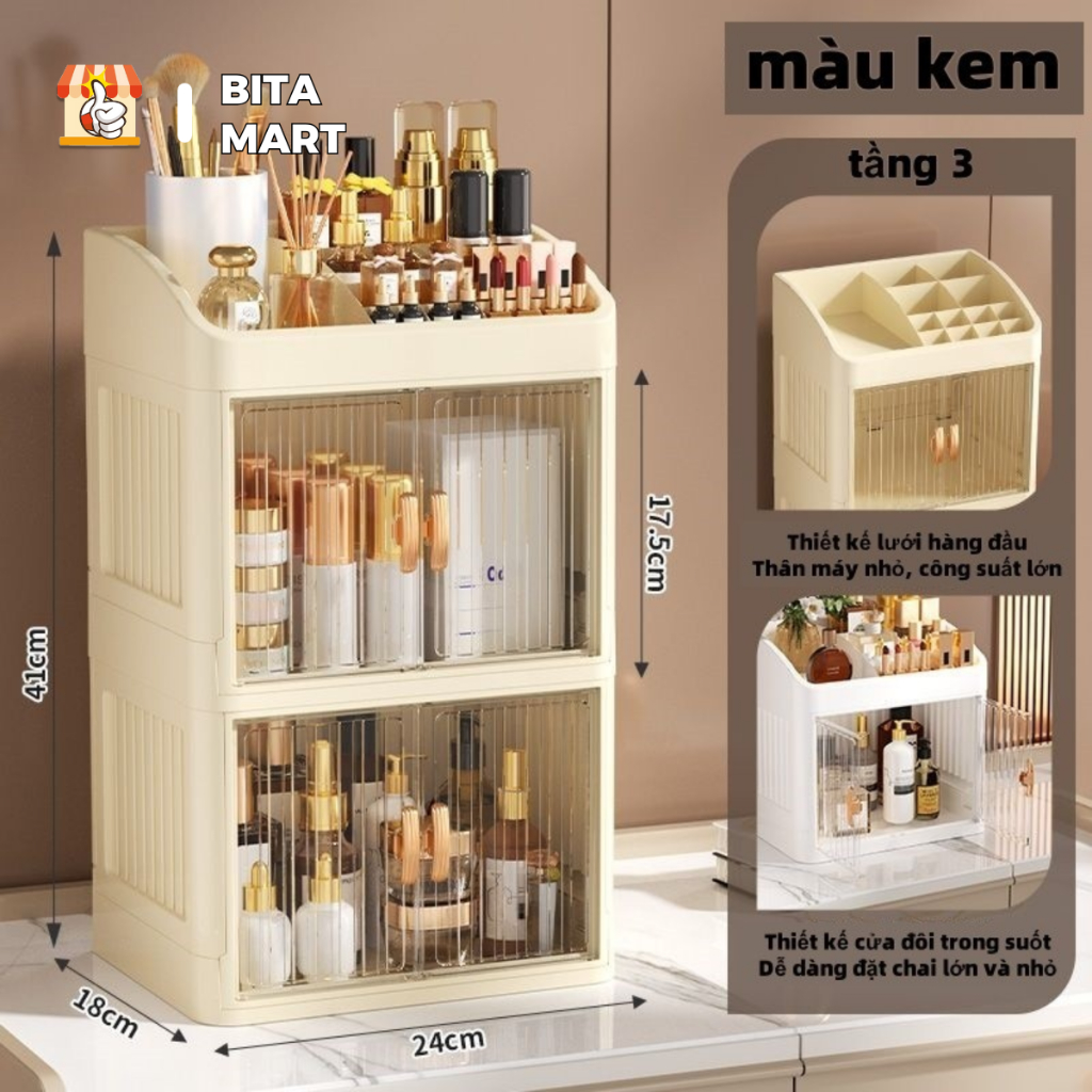 Tủ đựng mỹ phẩm 3 tầng nhựa trong suốt cao cấp – chất liệu PP bền đẹp, chống bụi, dung tích lớn, chứa được nhiều đồ tran