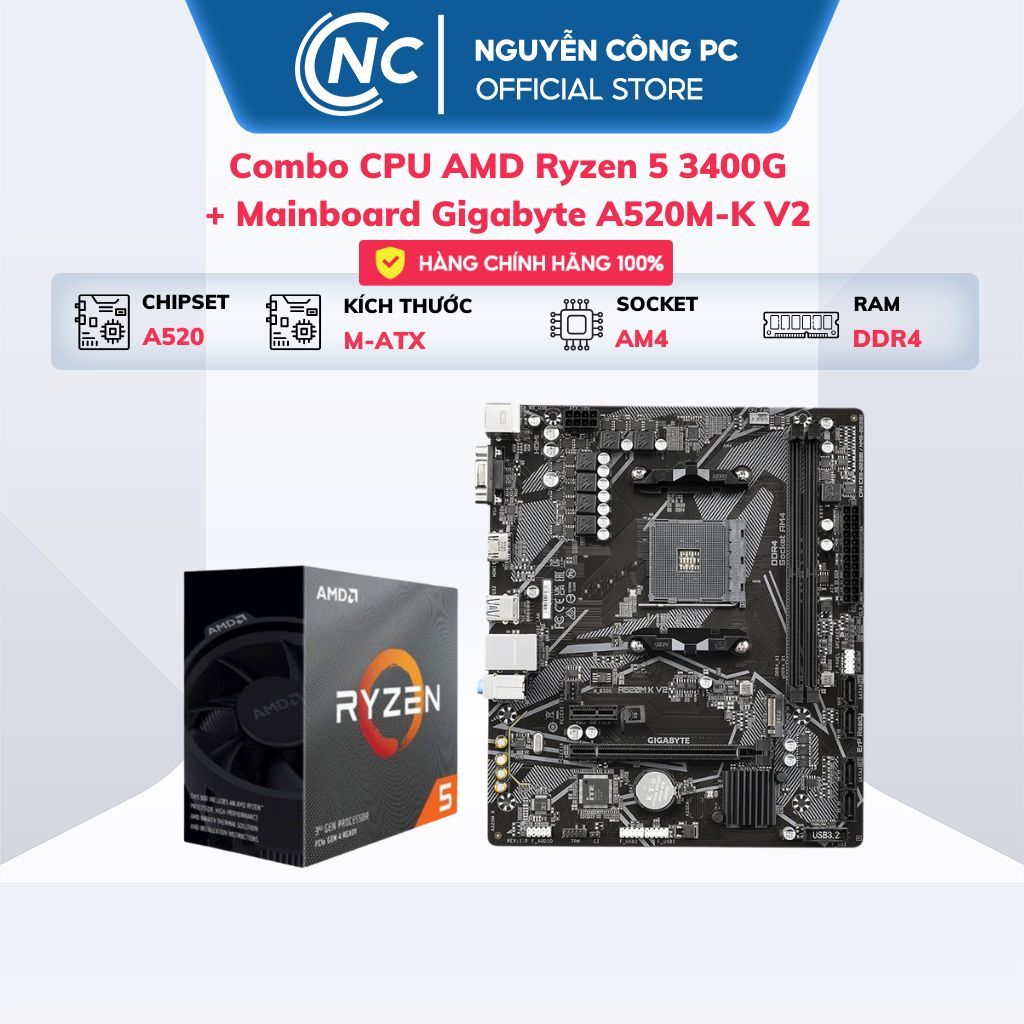 Combo CPU AMD Ryzen 5 3400G + Mainboard Gigabyte A520M-K V2 - BH 36 tháng