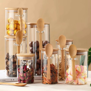  Hũ Thuỷ Tinh Kèm Thìa Gỗ Đựng Gia Vị Thực Phẩm Khô Lọ Thuỷ Tinh Nắp Gỗ Kín Đựng Bột Canh Muối Bột Ngọt 