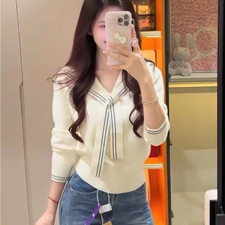  Áo len nữ dài tay cột nơ kèm khăn viền sọc màu trắng kem xanh xám đen pc Hàn Quốc - LAROSA 