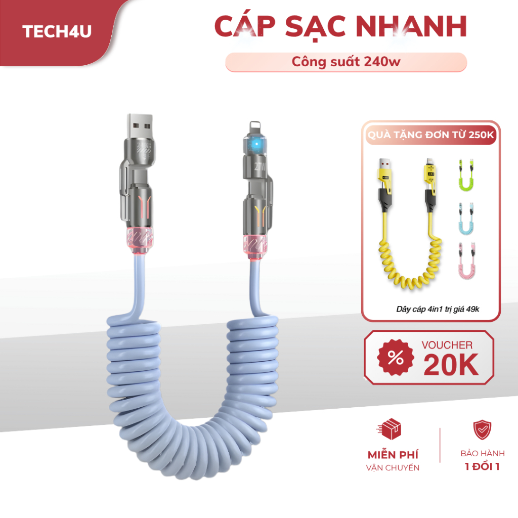 Cáp Sạc Nhanh 4In1 Công Suất 240W, Sạc Cực Nhanh, Dây Sạc Nhanh Đa Năng Chống Rối Hương Thơm Nước Ho