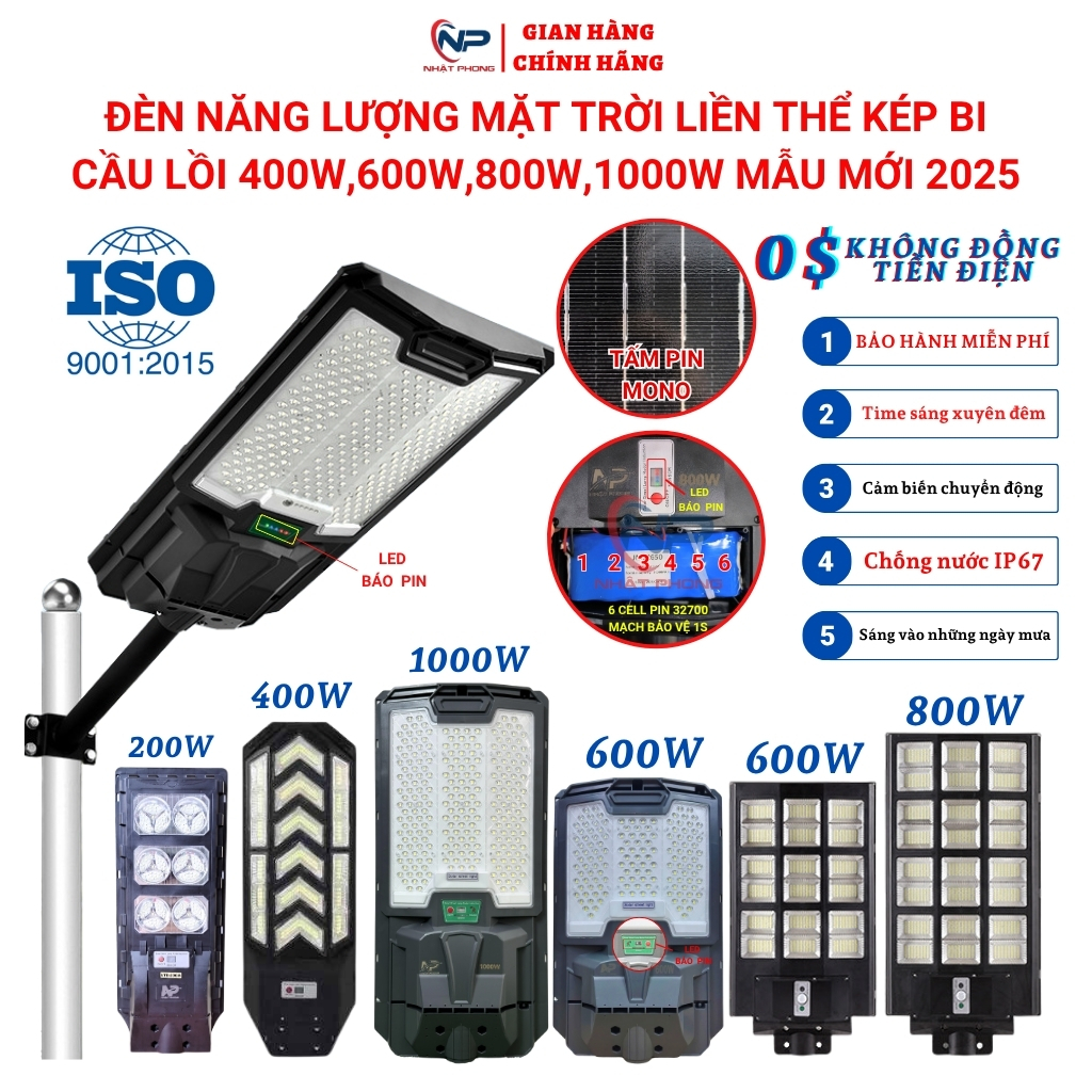 Đèn năng lượng mặt trời sân vườn Shop Nhật Phong đèn đường liền thể kép 800W,600w,500W,300W,Cảm Biến