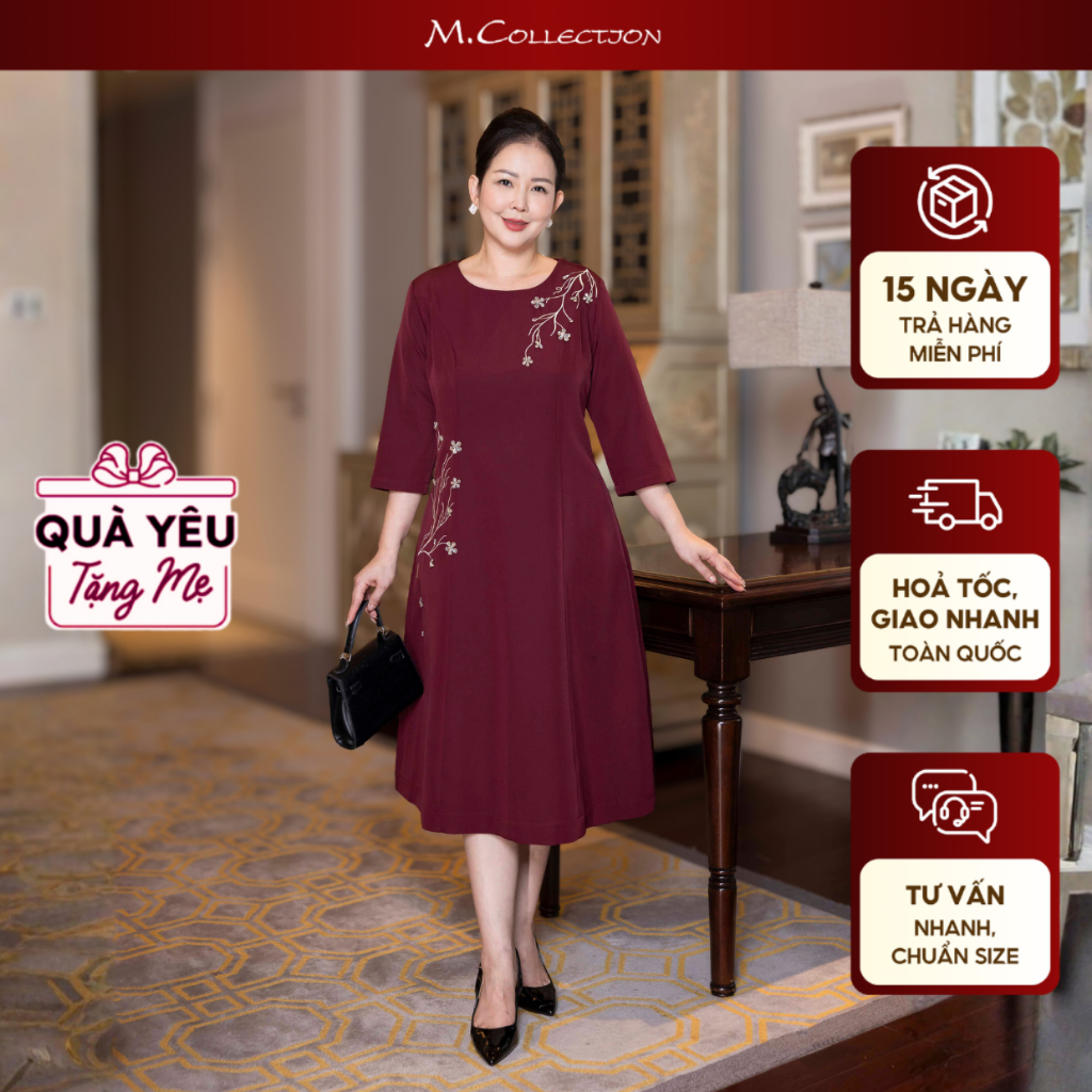 M COLLECTION | Váy Đầm Suông Nữ Trung Niên Tặng Mẹ Lụa Dày Thêu Hoa Tay Lỡ Cổ Tròn Dự Tiệc D13192 | BigBuy360 - bigbuy360.vn