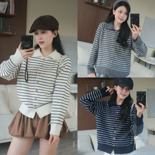  Áo cardigan len dài tay cổ bẻ kẻ ngang cúc be viền đen 4 màu the.sweaterweather TSW 