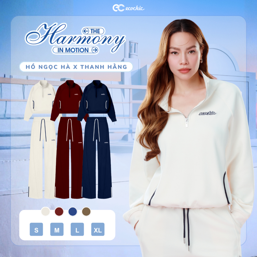 Set Bộ ECOCHIC Nỉ Mịn Cổ Khoá Halfzip Phối Viền Túi Quần Suông Chất Liệu Cao Cấp Chính Hãng HNH B198