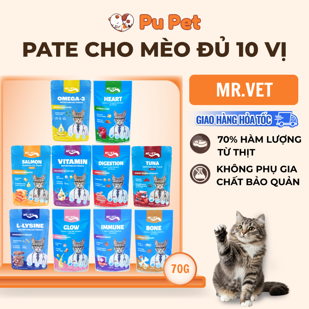 Pate Cho Mèo MR.VET Gói 70g Bổ Sung Omega 3 Vitamin L-Lysine Cho Mèo Từ 2 Tháng Tuổi