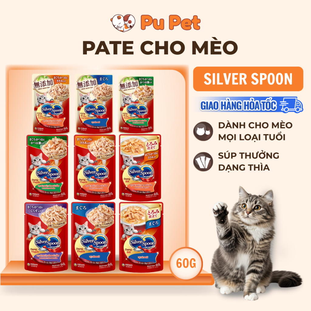 Pate Cho Mèo Silver Spoon 60gram - Thức Ăn Ướt Cho Mèo Silver Spoon- Sốt Mèo Dạng Sốt, Thạch