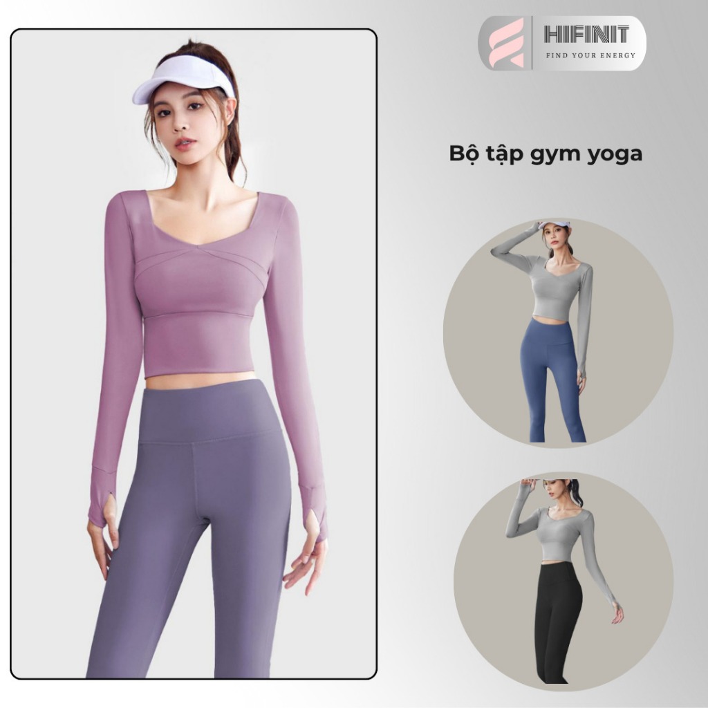 HIFINIT,Set Đồ Tập Nữ Áo Dài Tay Quần Dài,Chất liệu co giãn Nâng mông ,Tập Gym Yoga  Pilates Tôn dán