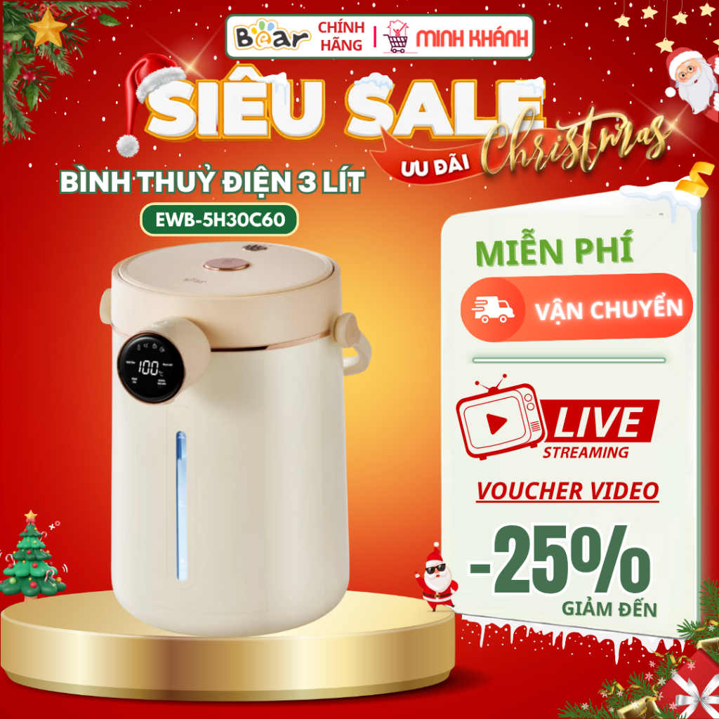 Bình thuỷ điện Bear 3 Lít EWB-5H30C60 - 11 mức nhiệt độ, Khử Clo, Lòng inox an toàn tuyệt đối.