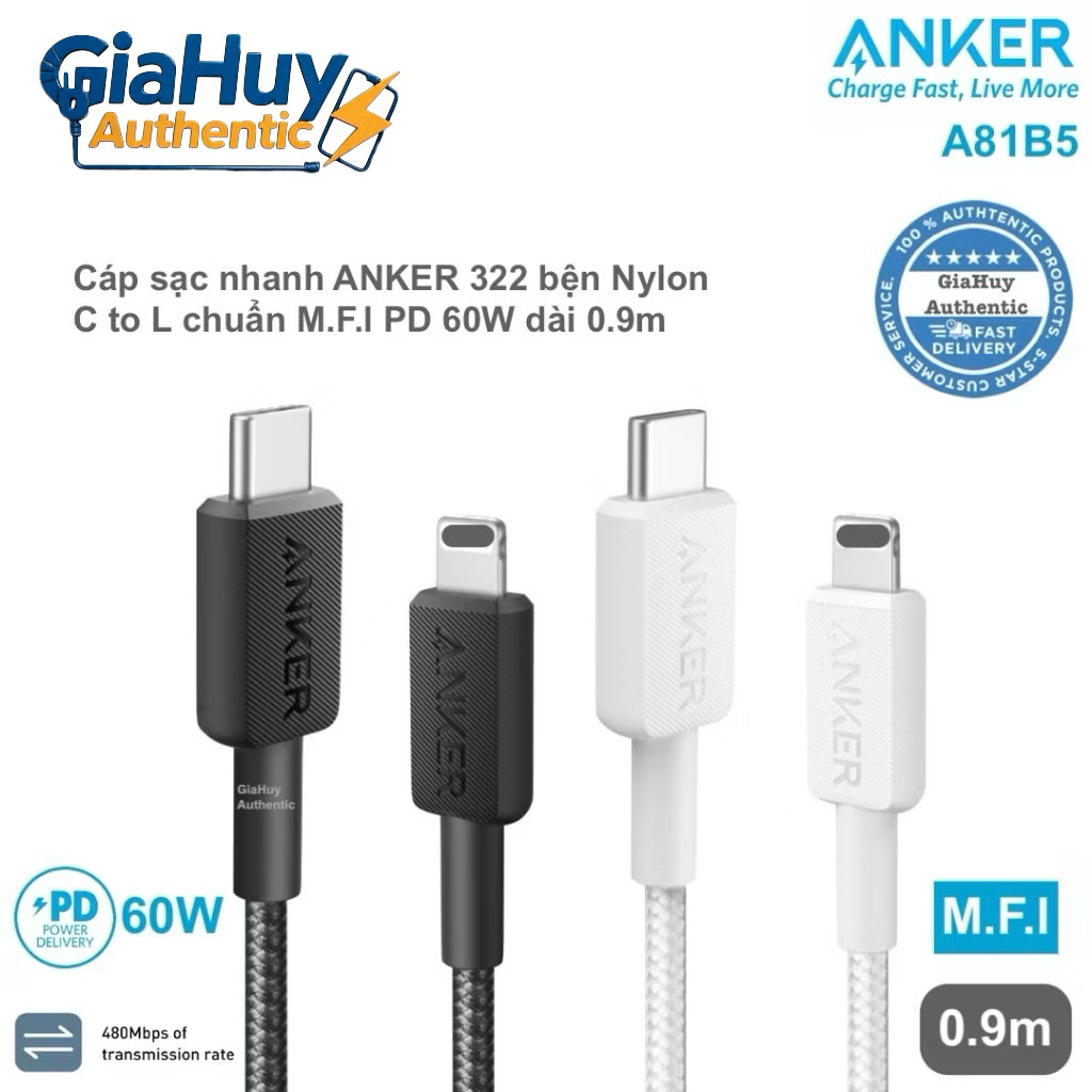 Cáp sạc nhanh ANKER 322 C to L PD 60W chuẩn M.F.l Chipset C.94 dài 0.9m - A81B5 Hàng Chính Hãng uỷ q