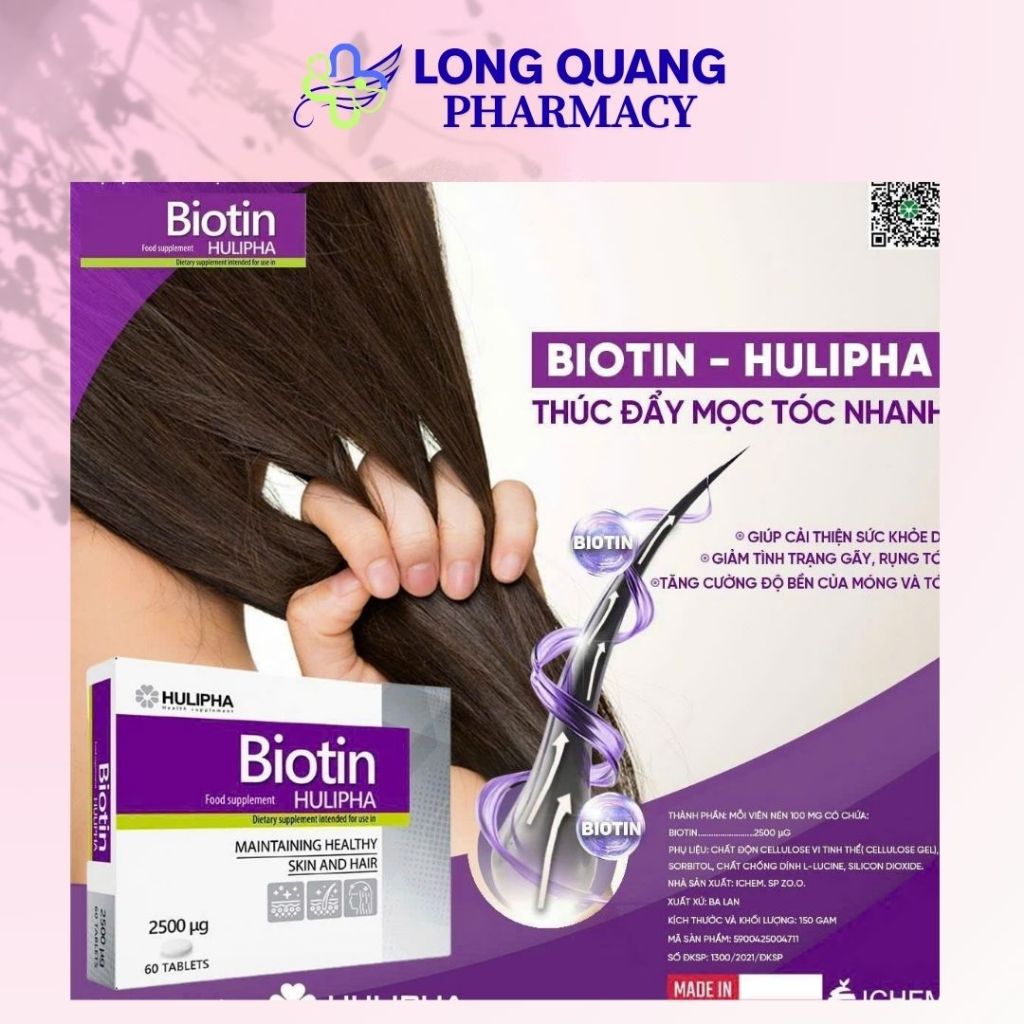Biotin Hulipha, Giúp Mọc Tóc nhanh, Giảm Gãy Rụng Tóc, Làm Đẹp Da, Móng Nhập Khẩu Ba Lan Hộp 60 VIên