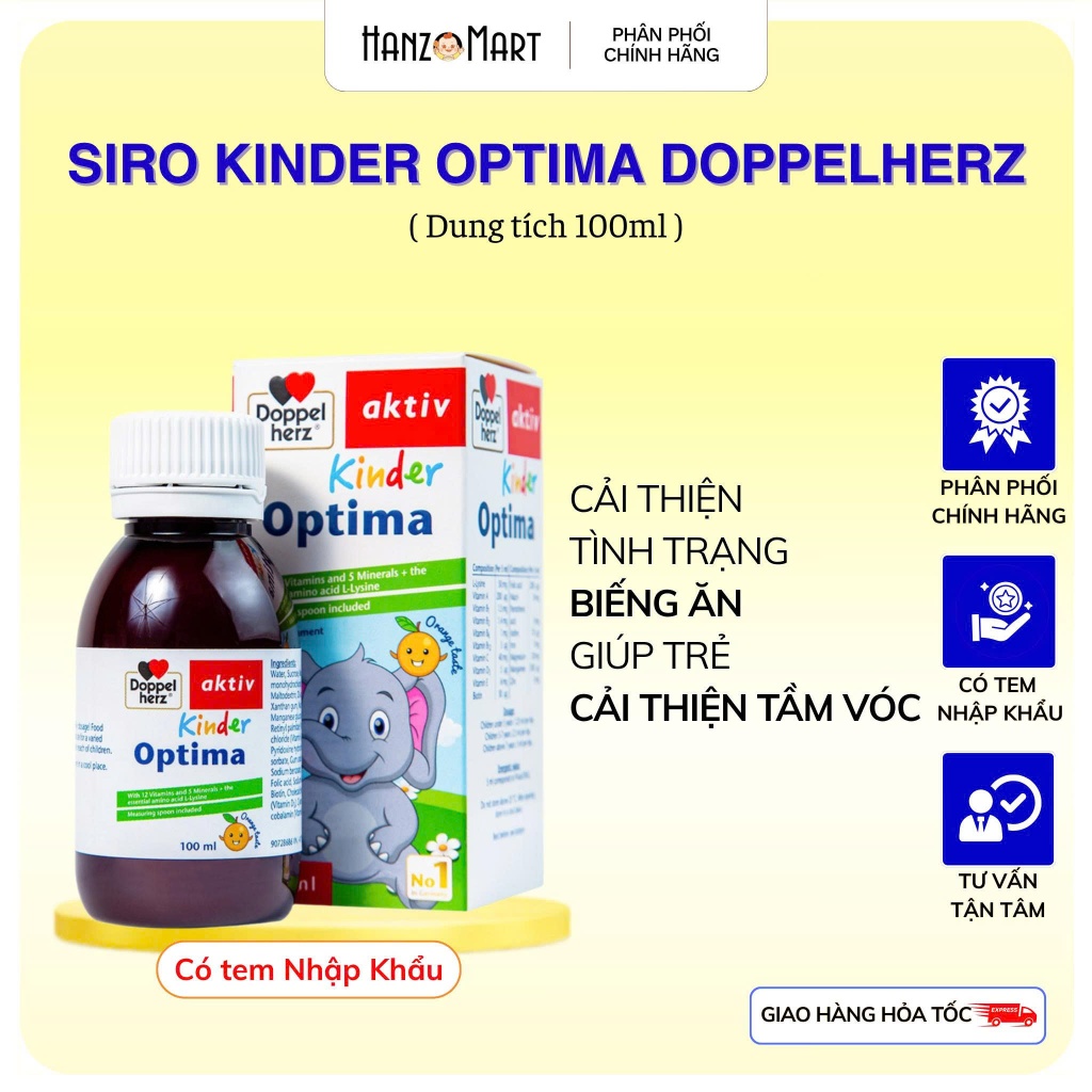Siro bổ sung vitamin cho bé Doppelherz Kinder Optima hỗ trợ giúp bé ăn ngon, cải thiện tầm vóc